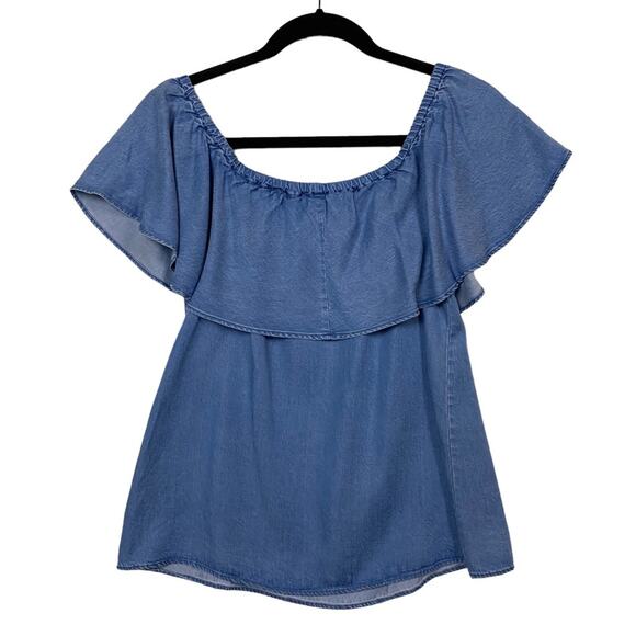 7 For All Mankind Blue Chambray Ruffle Off Shoulder Top Size Extra Small - Picture 3 of 6